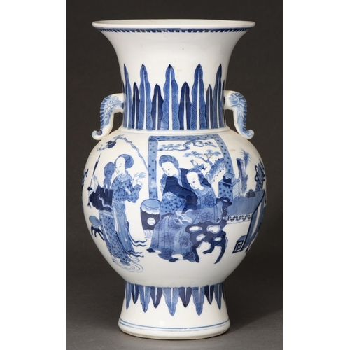 638 - A Chinese blue and white vase, Qing dynasty, 19th c, of ovoid form with elephant handles and painted... 