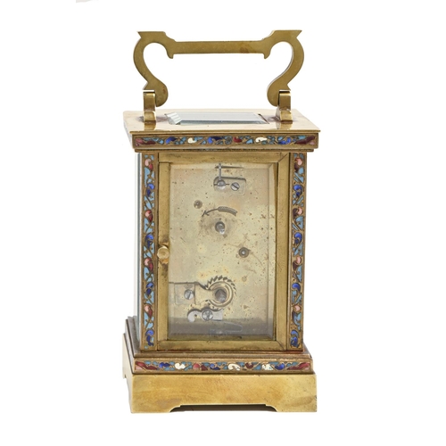 822 - A French gilt lacquered brass and champleve enamel carriage timepiece, early 20th c, 11.5cm h... 