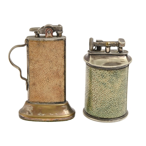 825 - A William and Gill shagreen covered plated metal table lighter, c1920, of cylindrical shape, 90... 