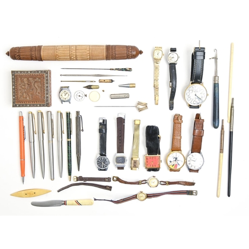 831 - Miscellaneous wristwatches and pens, etc, including an Anglo-Indian card sandalwood and sadeli box w... 