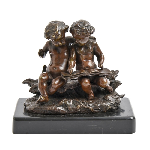 851 - A miniature bronze sculpture of two putti, 19th / early 20th c, uneven rich brown patina on Marmo Ne... 