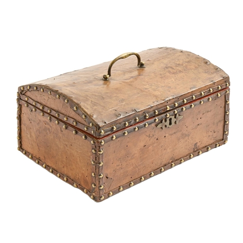 856 - A brass studded leather covered wood box, 19th c, the coffered lid with brass handle, key, 28.5cm l... 