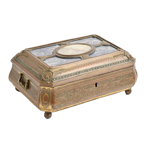 860 - A Continental copper gilt electro-type bombe jewel casket, the lid inset with an oval miniature on i... 