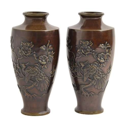 861 - A pair of Japanese bronze vases, Meiji period, cast with a peacock on a flowering bough, russet pati... 