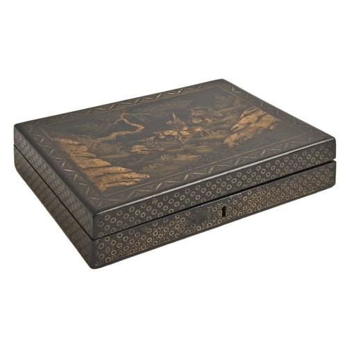 871 - An English japanned wood box, 19th c, the lid decorated with travellers in a hilly landscape, diaper... 