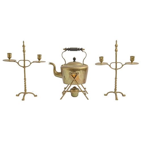 890 - A pair of adjustable brass twin branch candelabra, early 20th c, 38cm h and a brass kettle on lampst... 