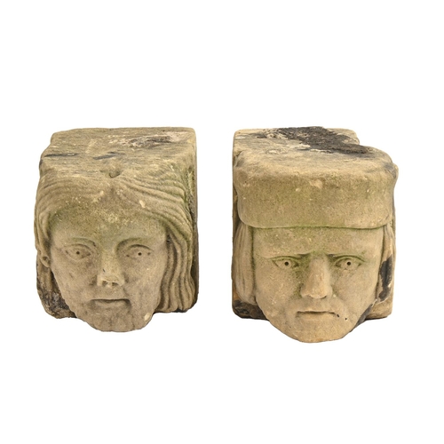 908 - Two Medieval English limestone head corbels, 15th c, approximately 14cm h; 13 x 21cm... 