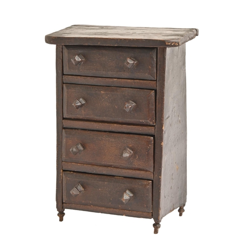 912 - Miniature furniture. A stained softwood chest of drawers, with faceted knobs, 31cm h... 