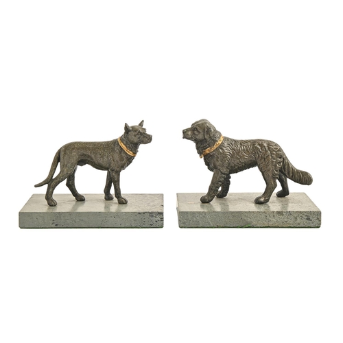 914 - A pair of miniature bronzed metal sculptures of dogs, 20th c, serpentine base, 15.5cm l... 