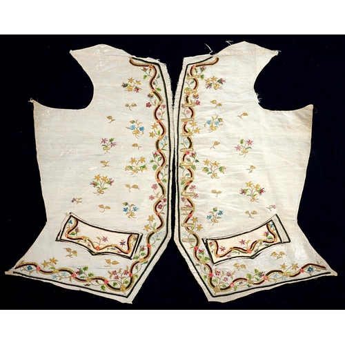 915A - A pair of fine French court waistcoat shapes, c1780, of cream moire silk with silver thread woven in... 