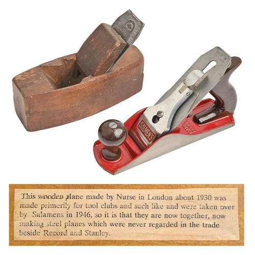 936 - A Salmens smoothing plane and an earlier wooden smoothing plane by Nurse, London, wood box (2)A Priv... 