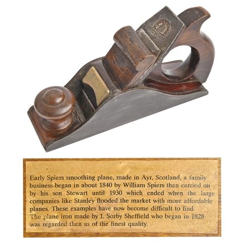 939 - A Spiers smoothing plane, marked on the brass plate SPIERS AYR, the plane iron by I Sorby Sheffield,... 