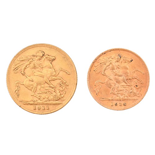 120 - Gold coins. Sovereign 1911 and Half Sovereign 1914