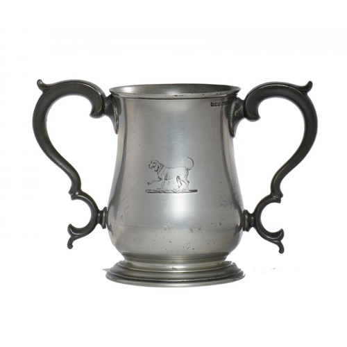 226 - An English baluster pewter loving cup, 1836-63, finely engraved with Talbot crest, glass bottom, 16c... 