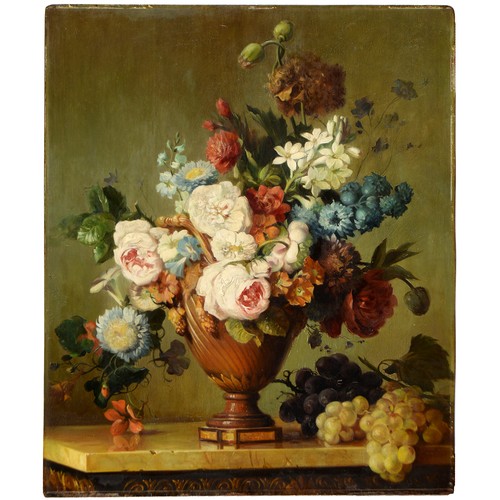 433 - French School, 19th c - Still Life with Flowers in an Urn and Grapes on a Marble Ledge, oil on ... 