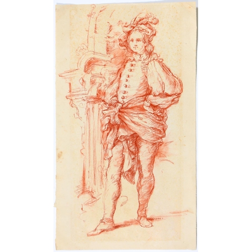 442 - French School - A Cavalier, red chalk, 37.5 x 21.5cm and a watercolour of a cavalier, unframed (2)... 