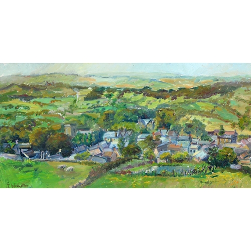 483 - J Webster, 20th / 21st c - The View from East Bank Winster Looking Towards Birchover, signed, oil on... 