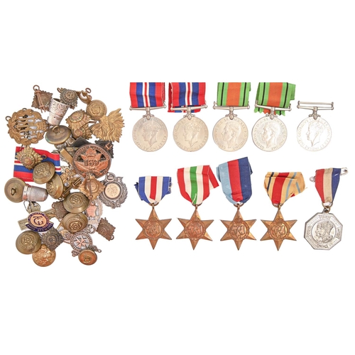 174 - WWII, six, 1939-1945 Star, Africa Star, 8th Army Clasp, Italy Star, France and Germany Star, Defence... 