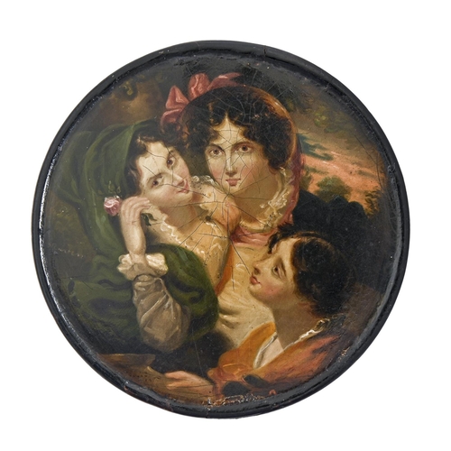 187 - A papier mache snuff box cover by Samuel Raven (1775-1847), painted with The Proposal, after George ... 