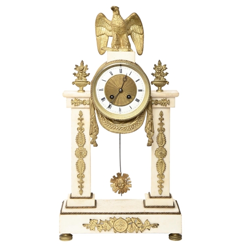 200 - A French brass mounted statutory marble portico clock, 19th c, the drum cased bell striking movement... 