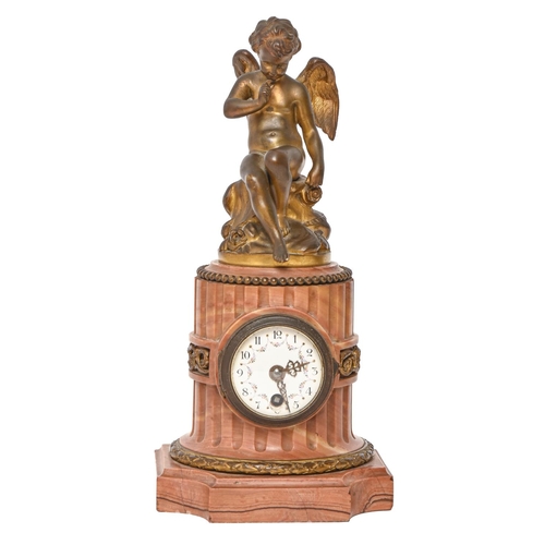 205 - A French giltmetal mounted marble mantle clock, late 19th c, with enamel dial, 26cm h, key... 