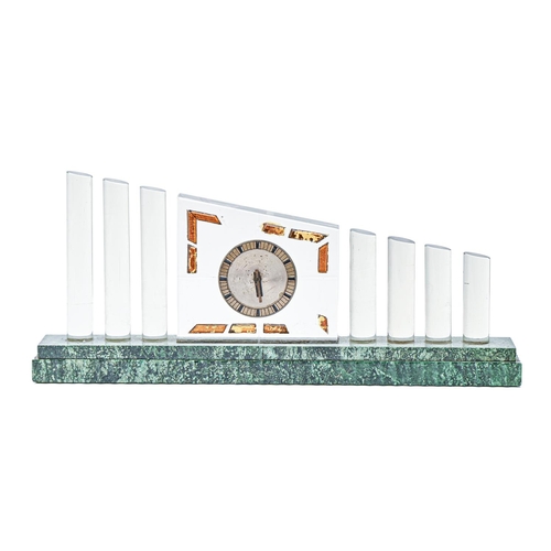 207 - An Art Deco glass mantle timepiece, c1930, on porphyry base, 46cm w