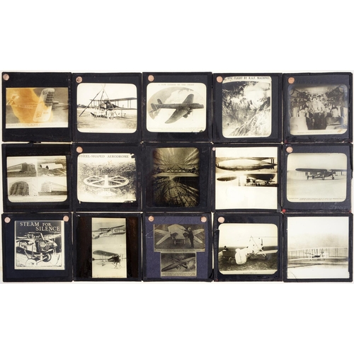 208 - A quantity of magic lantern slides, featuring early aircraft, engines, interiors and related diagram... 