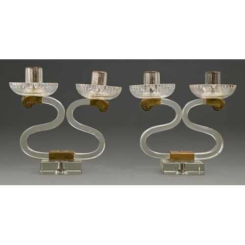 209 - A pair of Art Deco giltmetal mounted glass candelabra, c1930's, 27cm h, 26cm w