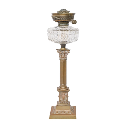 212 - A brass Corinthian column oil lamp, c1900, with moulded glass fount and brass Hinks No 1 lever burne... 