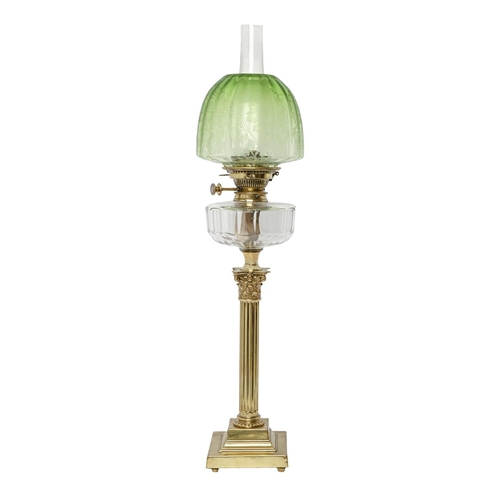 213 - A brass Corinthian column oil lamp, c1900, with faceted glass fount, brass Hinks No 2 lever burner a... 