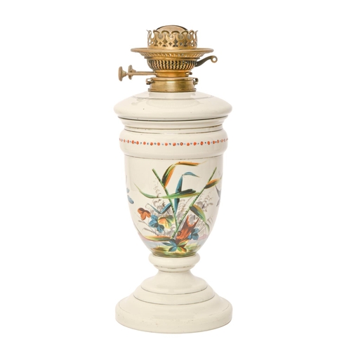 214 - An enamelled opaque glass oil lamp and fount, late 19th c, with bird and insects in a watery landsca... 