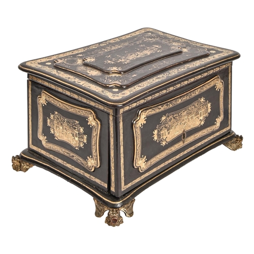 242 - A Chinese export black and gold lacquer table cabinet, 19th c, with fitted interior, containing engr... 