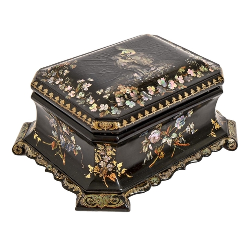 243 - A Victorian papier mache work box, inlaid in mother of pearl and painted with figures and flowers in... 