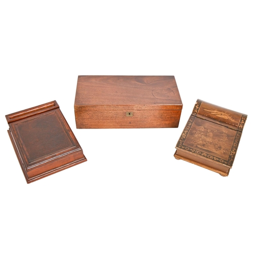 247 - A Victorian mahogany writing box, 50cm l and two inlaid and stained wood slope front boxes... 