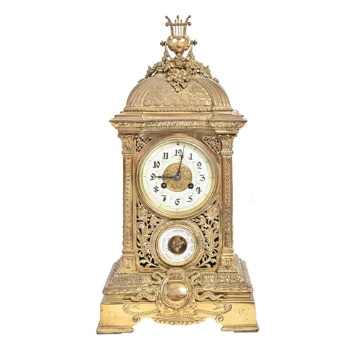 250 - A French cast brass mantel clock, late 19th c, with aneroid barometer and primrose enamel dial, in s... 