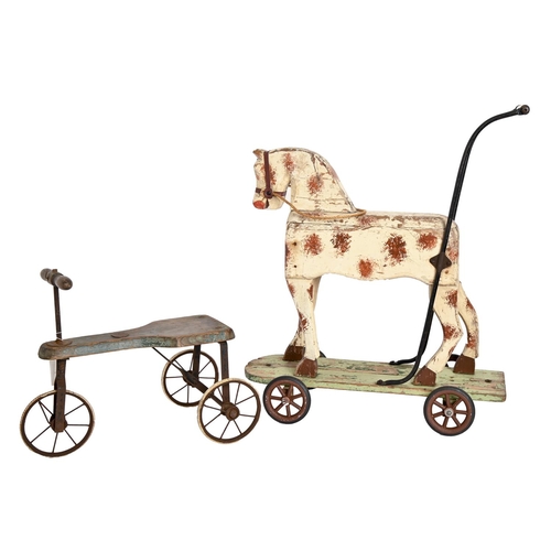 287 - A painted pine child’s push along horse and contemporary tricycle, late 19th or early 20th c, horse ... 