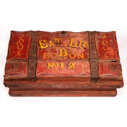 297 - A painted wood chest, with substantial wrought iron hinges inscribed E&T Ltd Bo Bon No. 1 M in y... 