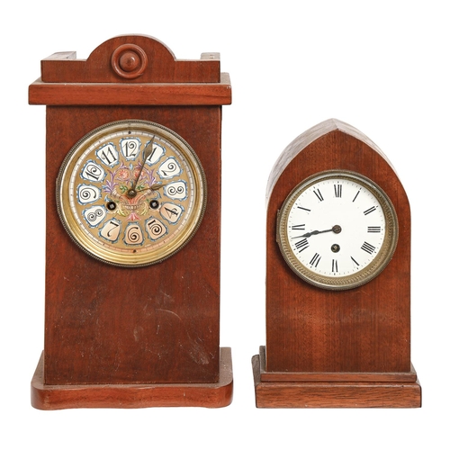 303 - A mahogany clock, with earlier associated Victorian painted and gilt pottery dial and French gong st... 