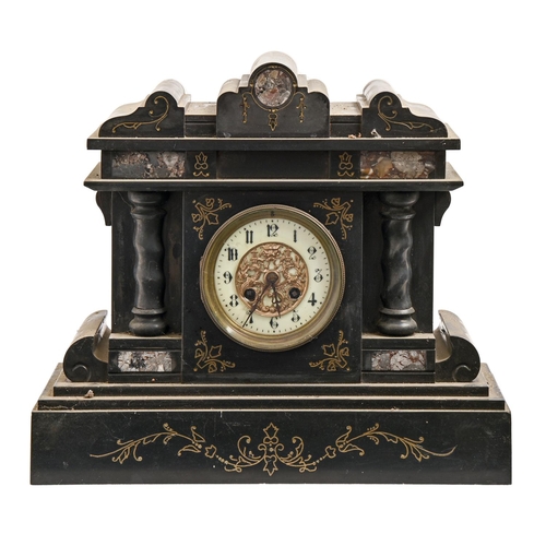 306 - An architectural style noir belge mantel clock, late 19th c, with gong striking movement, pendulum, ... 