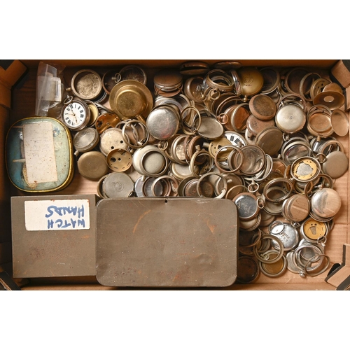 321 - Miscellaneous base metal watches, late 19th - early 20th c, all incomplete and three tins of watch p... 