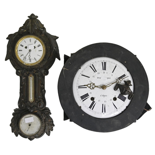 339 - An ornate French cast iron wall clock, barometer and thermometer, late 19th c, 57cm h and a French C... 