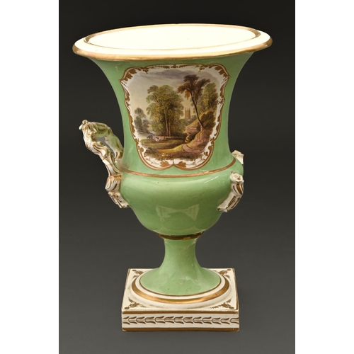 36 - A Derby vase, c1830, of campana shape, painted with a landscape reserved on an apple green ground, 2... 