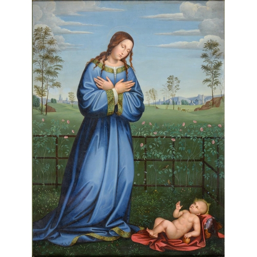 371 - J Gross, late 19th century after Francesco Francia - Adoration of the Child, inscribed verso, mixed ... 