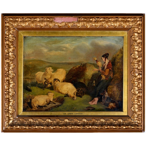 375 - After Sir Edwin Henry Landseer - A Highland Shepherdess and her Flock, oil on canvas, 45 x 60cm... 