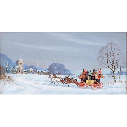 378 - Ninetta Butterworth (1922-2010) - The Mail Coach Arriving at a Village in Winter, signed, oil on boa... 