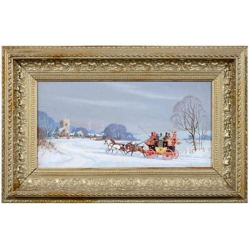 378 - Ninetta Butterworth (1922-2010) - The Mail Coach Arriving at a Village in Winter, signed, oil on boa... 