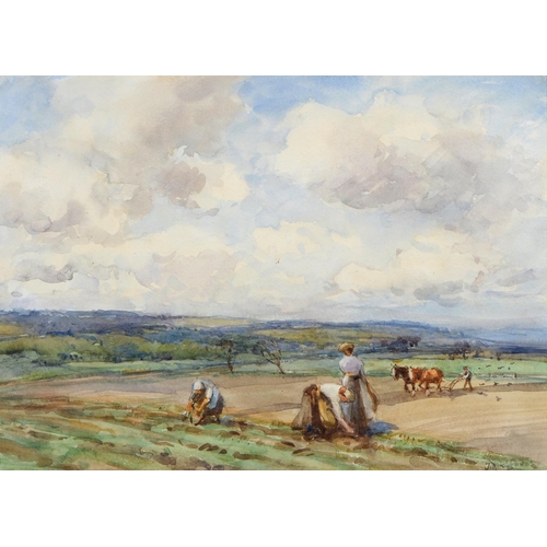 379 - John Atkinson (1863-1924) - Driving Sheep across a Moor; Working in the Fields, two, both signed, wa... 