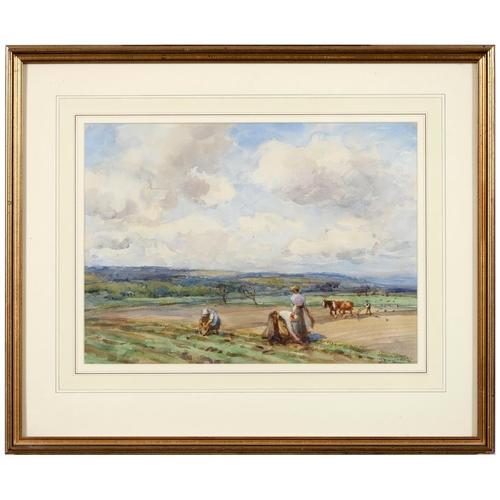 379 - John Atkinson (1863-1924) - Driving Sheep across a Moor; Working in the Fields, two, both signed, wa... 