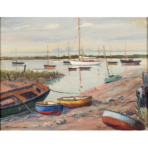 383 - Modern British School - Moored Boats, indistinctly signed, oil on canvas, 34.5 x 44.5cm... 