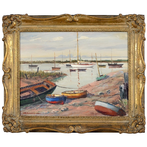 383 - Modern British School - Moored Boats, indistinctly signed, oil on canvas, 34.5 x 44.5cm... 